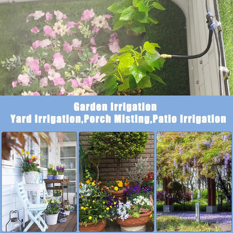 49.21Ft Drip Irrigation Kit With Five Sixteenth Inch Tubing for garden, yard, porch, and patio misting system in use