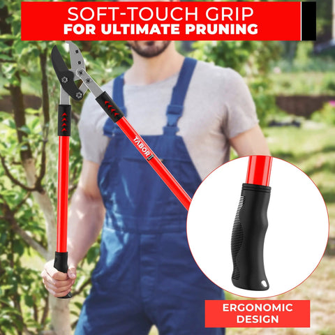 Anvil Lopper With Compound Action For Thick Branches, 19 Inch Aluminum Tree Trimmer shown in a garden with ergonomic grip detail