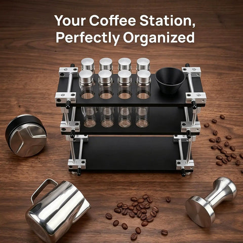 Single Dose Coffee Bean Container Coffee Station Organizer Rack With 8 Sealed Glass Vials, black design, ergonomic use for baristas.