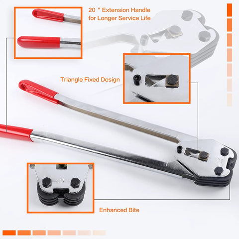 Heavy Duty Banding Tool With Strapping Sealer And Crimper, 20 Inch Extended Handle, Ergonomic Grip Built To Last, Hardened Steel, For 1/2 To 3/4 Inch PP PET Plastic Straps, Easy To Use And Labor Saving Packaging Solution, red handle detail