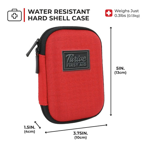 Thrive First Aid red compact hard-shell case, 5in tall, zipper, front view.