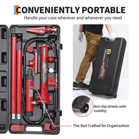 10 Ton Porta Power Hydraulic Kit With Ram Pump And 4.6 Ft Hose For Auto Body Frame Repair Straightening Bent Axles And Bumper Fixes in portable case.