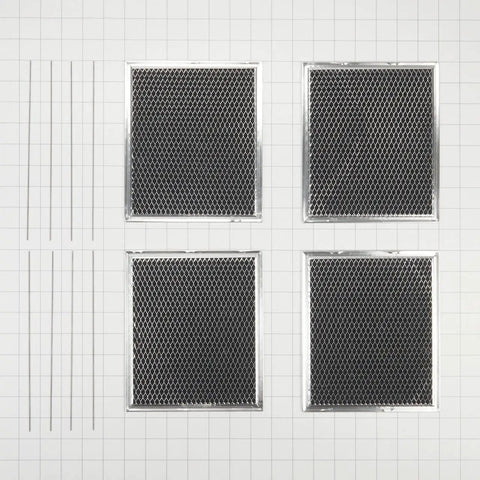 Four Genuine OEM Charcoal Range Filter Replacement W11430921 shown on grid surface