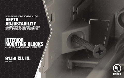 Beefy 5 Gang Multi Mount Device Box With Depth Adjustable For Horizontal And Vertical Installations, Heavy Duty 42lb Gray, Removable Nail Tabs For Metal Stud Mounting, Top Blocks For Secure Vertical Placement, Interior Mounting Blocks. Gray device box interior with depth-adjustable screw and mounting block