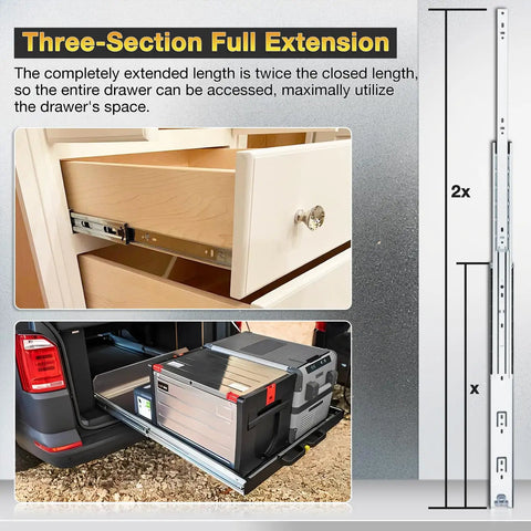 Beefy Heavy Duty Full Extension Drawer Slides For Side Mount 12 To 40 Inch Steel Rails 150 Lb Capacity shown in kitchen and vehicle use
