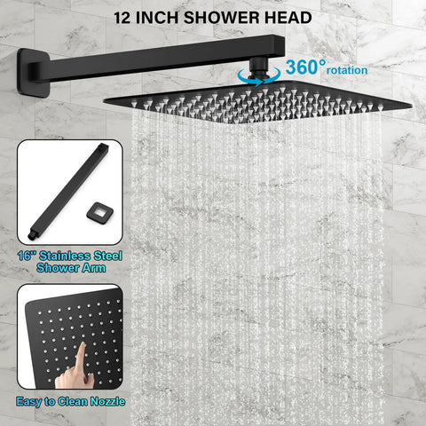Top Shelf Matte Black Rain Shower Set With Heavy Duty Solid Brass Mixing Valve And 10 Inch Round Head For A Snappy Daily Setup In Your Modern Bathroom Space. 12 inch black shower head with 360° rotation and stainless steel arm.