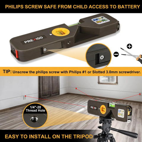 4 In 1 Laser Level For Home Renovation And Picture Hanging, Torpedo Style With 65 Ft Alignment Point, 16 Ft Laser Line, 10 Ft Tape Measure, Quick Angle Settings, Rotating Torpedo Bubble, Easy DIY Alignment Tool mounted on tripod