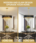 Dining room with a modern teardrop crystal chandelier in gold finish, showcasing Five Light LED Teardrop Crystal Pendant Chandelier In Gold Finish For Kitchen Island Foyer Hallway And Bedroom Modern Raindrop Ceiling Light With 4000K Neutral White Glow Lit on and off.
