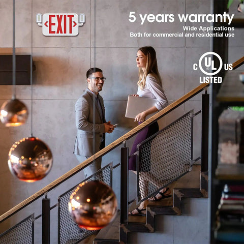 LED Combo Emergency Exit Sign With Two Adjustable Head Lights And Backup Battery US Standard Red Letter Commercial Safety Lighting UL 924 AC 120 277V 2 Pack Kit mounted on wall above stairway in office environment
