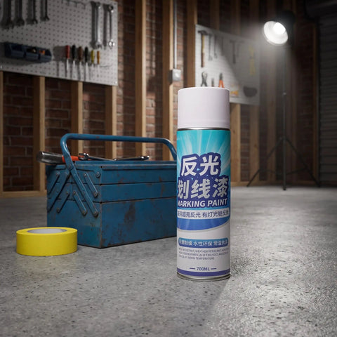 Zerodeko Pavement Striping Paint, Reflective Night Road Visibility Spray in a workshop setting with tools.