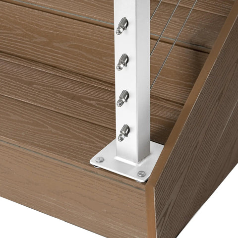 No Sweat Diy Steel Cable Railing System For Sleek Stair Handrails Pre Drilled Base Mount Kit Comes Fully Loaded With Hardware Ready For Instant Setup White 42 Inch close-up of steel post with cable mounts on brown deck.