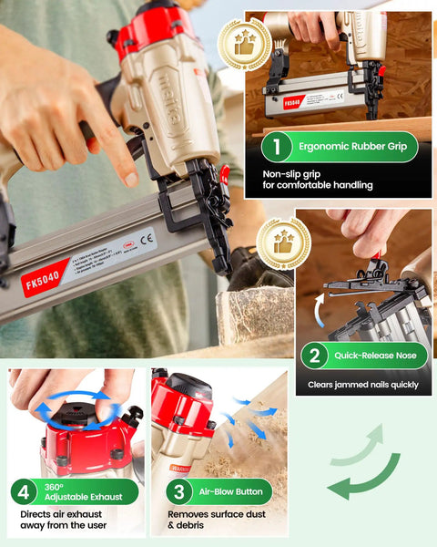 Close-up of No Sweat 18 Gauge Two In One Pneumatic Nail Gun And Staple Gun Combo highlighting ergonomic grip and quick-release features.