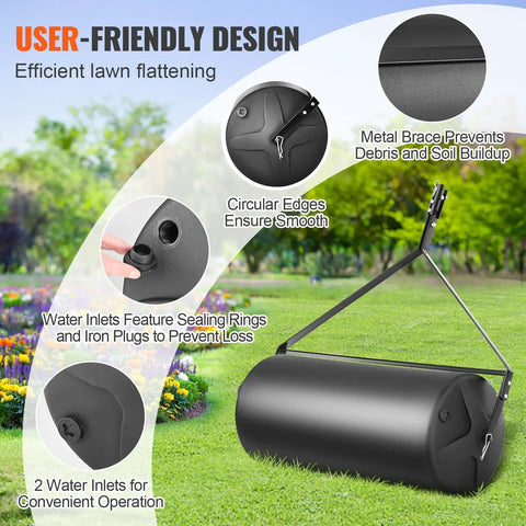 Tow Behind Lawn Roller 400 Lb Sand Or Water Filled Yard Roller With LLDPE Drum And Steel Frame Heavy Duty Sod Roller Easy Turn Plug shown on grass with details highlighted.