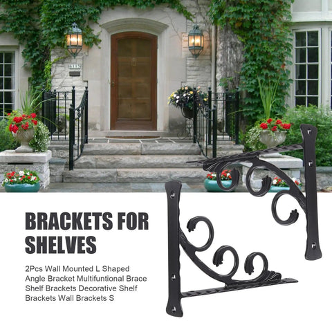 2 Pack Wall Mounted L Shaped Shelf Brackets displayed in garden setting