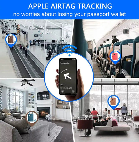 Airport, airplane, and cafe scenes showing Passport Holder With AirTag Slot And RFID Blocking Leather Wallet For Travel tracking capability.