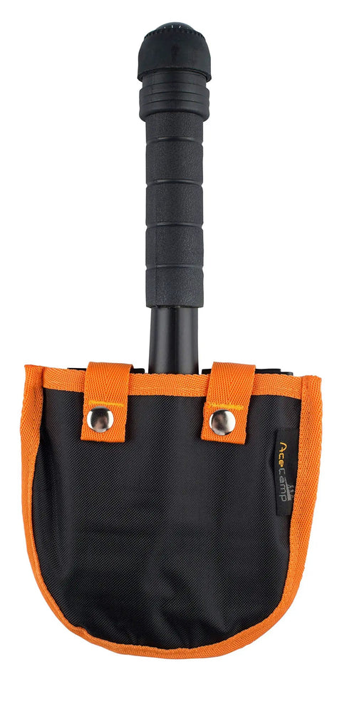 Grab-N-Go 12-In-1 Survival Multi-Tool Shovel For Camping shown with black handle and orange storage case