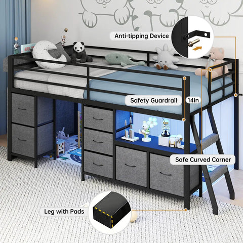 Low Loft Bed For Kids With Seven Storage Drawers And Built In Bookcase Twin Size Space Saving 14 Inch Guardrail Inclined Ladder LED Lights