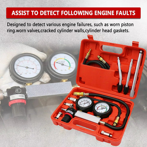 Cylinder leak-down tester kit in red case with gauges, hoses and adapters (front view)