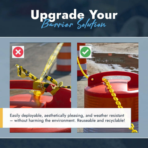 Before and after comparison of barrier setup with incorrect tape and proper red plastic barrier chain reel for crowd control.