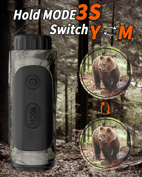 Dope Hunting Laser Rangefinder Crafted For Real Deal Hunters With A Crisp 1200 Yard Range Four Quick Switch Modes And Sniper Grade Precision Targeting, showing modes and visual measurement with bear.