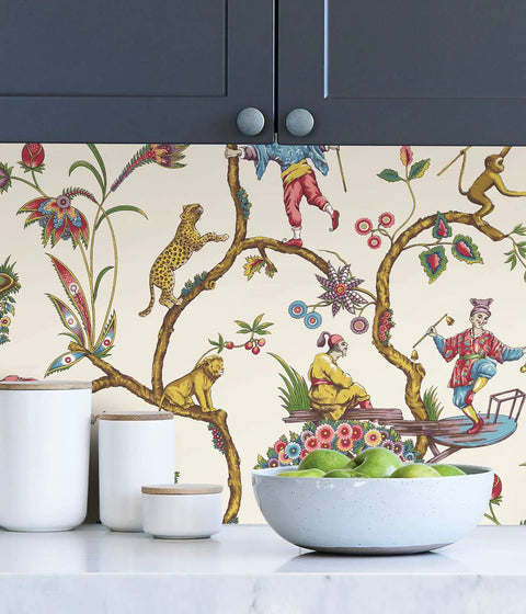 Kitchen with multicolor white Chinoise exotique peel and stick wallpaper featuring animals and figures, removable, 20.87 in x 18 ft.