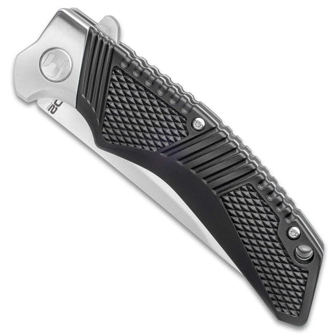 Badass 4 Inch D2 Tool Steel Flipper Pocket Knife with textured grip and stainless steel blade showcasing a sleek design.