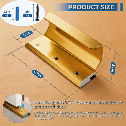 Heavy Duty Floor Door Lock And Security Barricade Anchors Interior Doors Tight To The Floor To Keep Burglars Out Cold With Rock Solid Rugged Aluminum Frame with dimensions 2 in, 3.1 in, and 8.7 in.