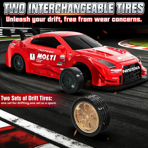 1 to 43 Scale Mini RC Drift Car With Gyro, Dope 2.4GHz Full Proportional Steering And Throttle, 20 Km Per Hour High Speed Remote Car With Lights, showing interchangeable tires, red car on track