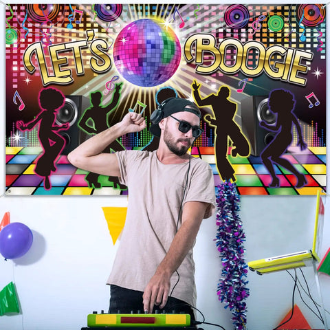 Disco Theme Photo Booth Backdrop Lets Boogie For 60s 70s 80s 90s Parties, DJ in front of neon banner, colorful party