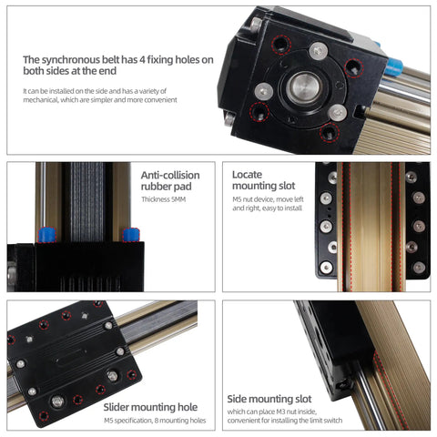JD45C Linear Guide Rail With Synchronous Belt Module detail view showing mounting slots and rubber pads for CNC and automation systems.