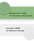 Text showing Two Sided Whetstone Knife Sharpener With 1000 And 6000 Grit Wet Stone Kit For Kitchen Knives emphasizing grit levels