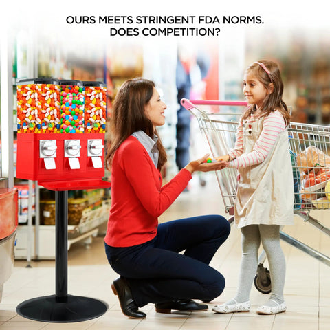 Commercial Candy Machine Dispenser Featuring Center Gumball Reel And Roomy Side Candy Bins Coin Operated Snack Stand with child and parent.