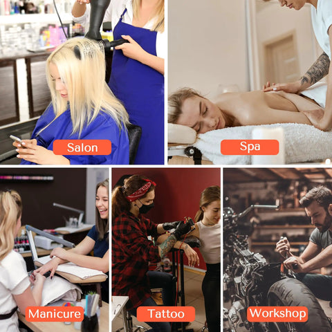 Collage of five images showing a salon, spa, manicure, tattoo studio, and workshop with people receiving services.