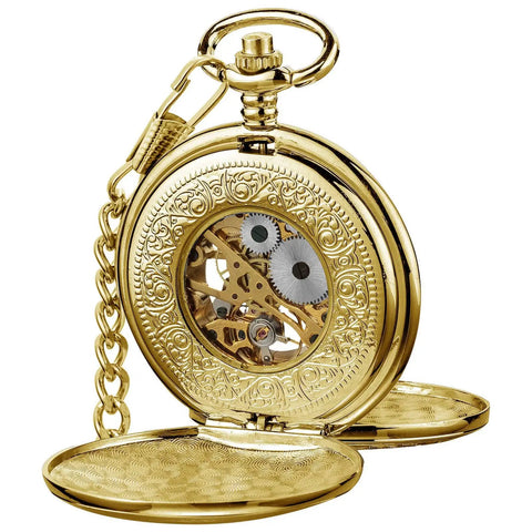 Gold Tone Skeleton Pocket Watch With Chain For Men, Half Hunter Double Cover, Mechanical Self-Winding Timepiece With Roman Numerals