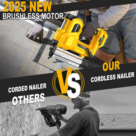 Comparison of Straight Shooting Heavy Duty Cordless Brad Nailer And Staple Gun Workhorse and a corded nailer in use.