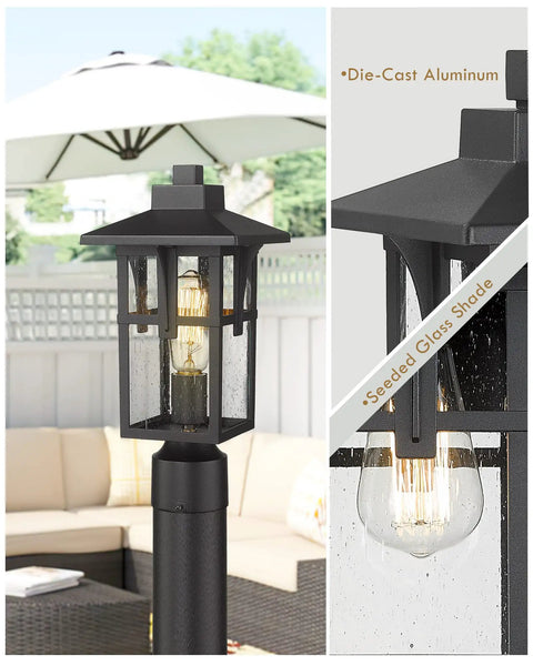 Outdoor Post Lights Two Pack Built To Last Industrial Style Exterior Pillar Lamps in matte black with seeded glass detail