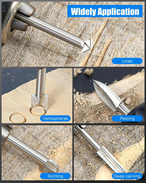 10 Piece Rotary Tool Bits Set For Wood Carving Engraving And Detail Work With 1/8 Inch Shank showing various rotary bits in use for shaping and carving.