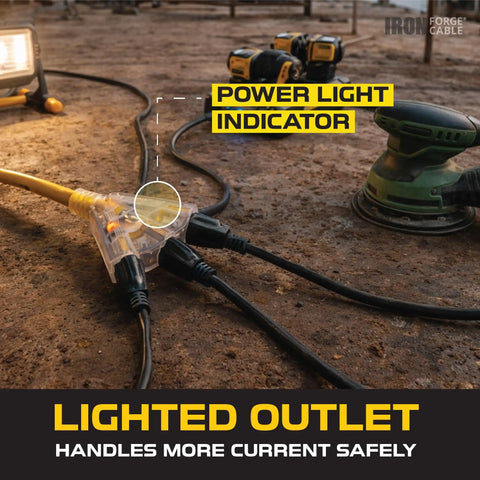 Heavy Duty 100 Foot Outdoor Extension Cord With 3 Outlets 12/3 SJTW Yellow Cable 15 Amp Grounded Plug highlighting lighted outlet.