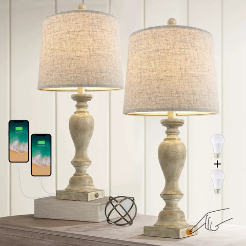 Cozy Farmhouse Vibe 25.75 Inch 3 Way Dimmable Table Lamp Set Of 2 with touch control and USB ports on a wooden desk