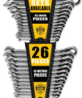 Ratcheting Wrench Set With Slim Profile 26 Piece Metric And Standard Wrenches For Auto Repair Mechanical Work And DIY Home Projects