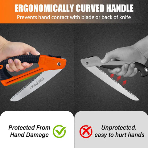 Comparison of hand grips on 8 Inch Folding Hand Saw With Safety Guard Heavy Duty Pruning Tool for Tree Trimming and Camping