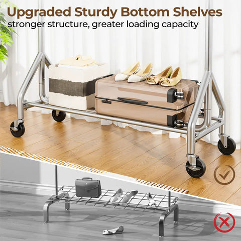 Built Like A Tank Heavy Duty Steel Rolling Clothes Rack Holds 450 Lbs with sturdy bottom shelves showcasing shoes and luggage.
