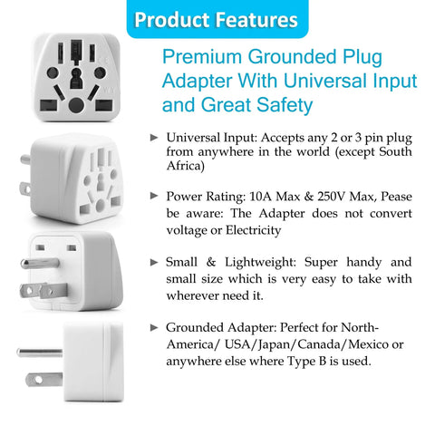 Must Have Lifesaver Universal Travel Adapter And Converter For US Outlets Type A And B; compact design showcasing plug compatibility and features.