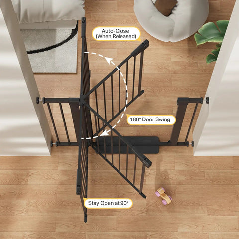 Expandable Baby Gate For Stairs And Doorways With Auto Close Pressure Mounted Pet Gate showing auto-close door features.