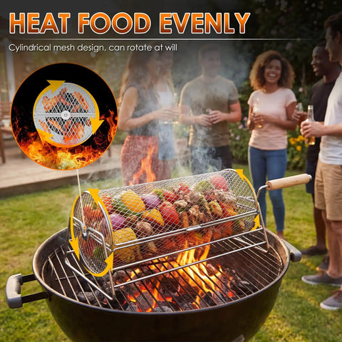 2 In 1 Rolling Grill Basket With Rotating Stand And Hooks Heavy Duty Stainless Steel Rotatable BBQ Mesh Cylinder for grilling