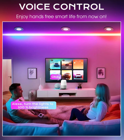 Living room with 4 Pack 6 Inch Gimbal Smart WiFi LED Recessed Lights RGBCW Color Changing Works With Alexa And Google Assistant, vibrant colors
