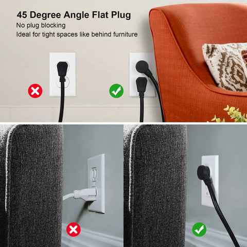 45 degree flat plug of Ultimate Home Office Power Strip With USB Ports And 12 Outlets And 4 USB Chargers, 2700 Joules Surge Protection