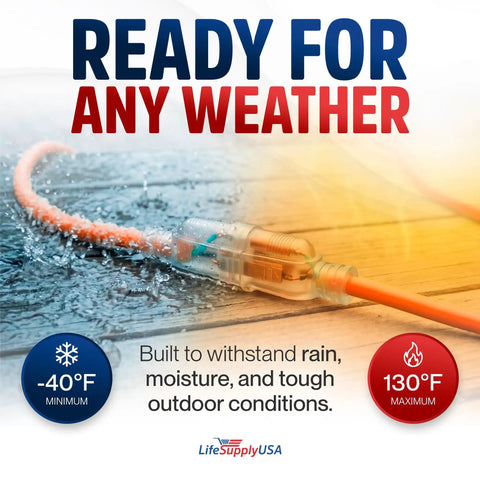 Heavy Duty Outdoor Indoor Extension Cord Built Tough 200 Feet 14 Gauge 3 Prong SJTW Waterproof Flexible Cold Weather Resistant Power Cable