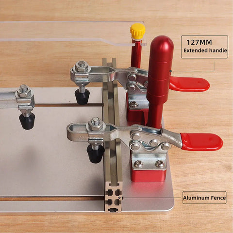Coping Sled for Router Table With Clear Acrylic Fence, Rail Guide, and Safety Pushing Clamp in use on wooden surface