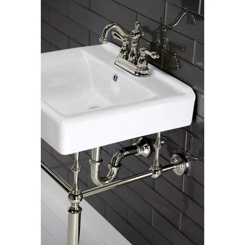 Heritage 4 Inch Centerset Lavatory Faucet With Metal Lever Handle In Polished Nickel on wall-mounted white sink